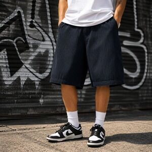 Y2K Mens Pinstripe Bermuda Shorts Sz 36 Black‎ Cotton 11" Inseam Streetwear